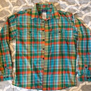 Patagonia Teal, Green & Orange Plaid Button-Up Shirt